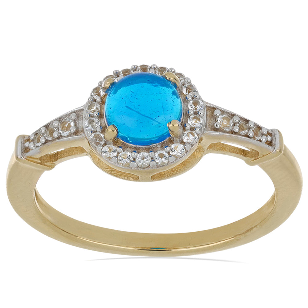 Goldplattierter Silberring mit blauem äthiopischem Opal aus Lega Dembi und weißem Topas