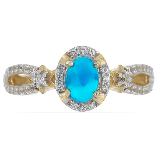 Goldplattierter Silberring mit blauem äthiopischem Opal aus Lega Dembi und weißem Topas