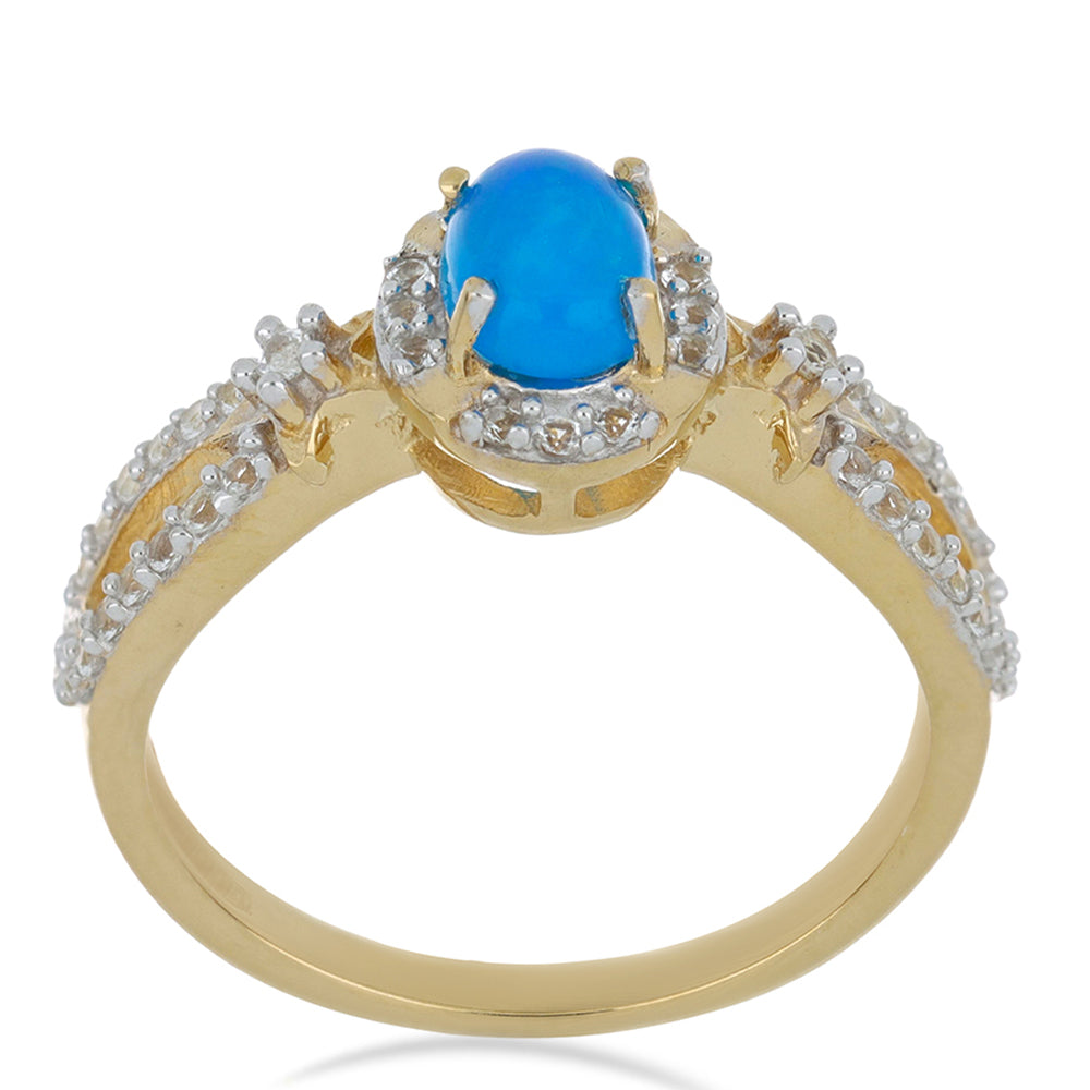 Goldplattierter Silberring mit blauem äthiopischem Opal aus Lega Dembi und weißem Topas 2 