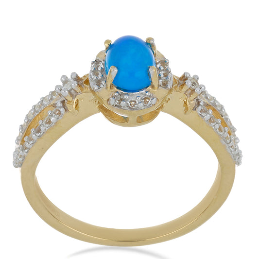 Goldplattierter Silberring mit blauem äthiopischem Opal aus Lega Dembi und weißem Topas