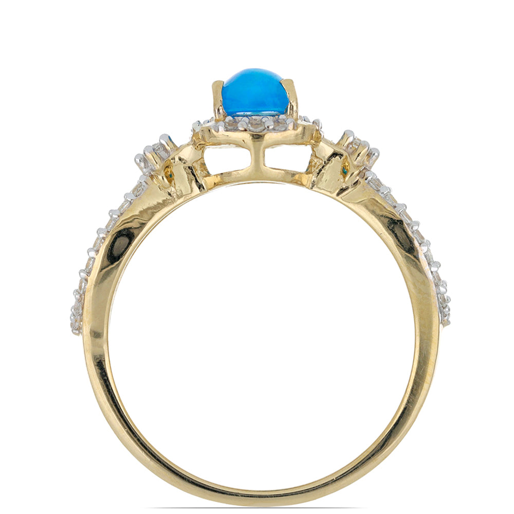 Goldplattierter Silberring mit blauem äthiopischem Opal aus Lega Dembi und weißem Topas