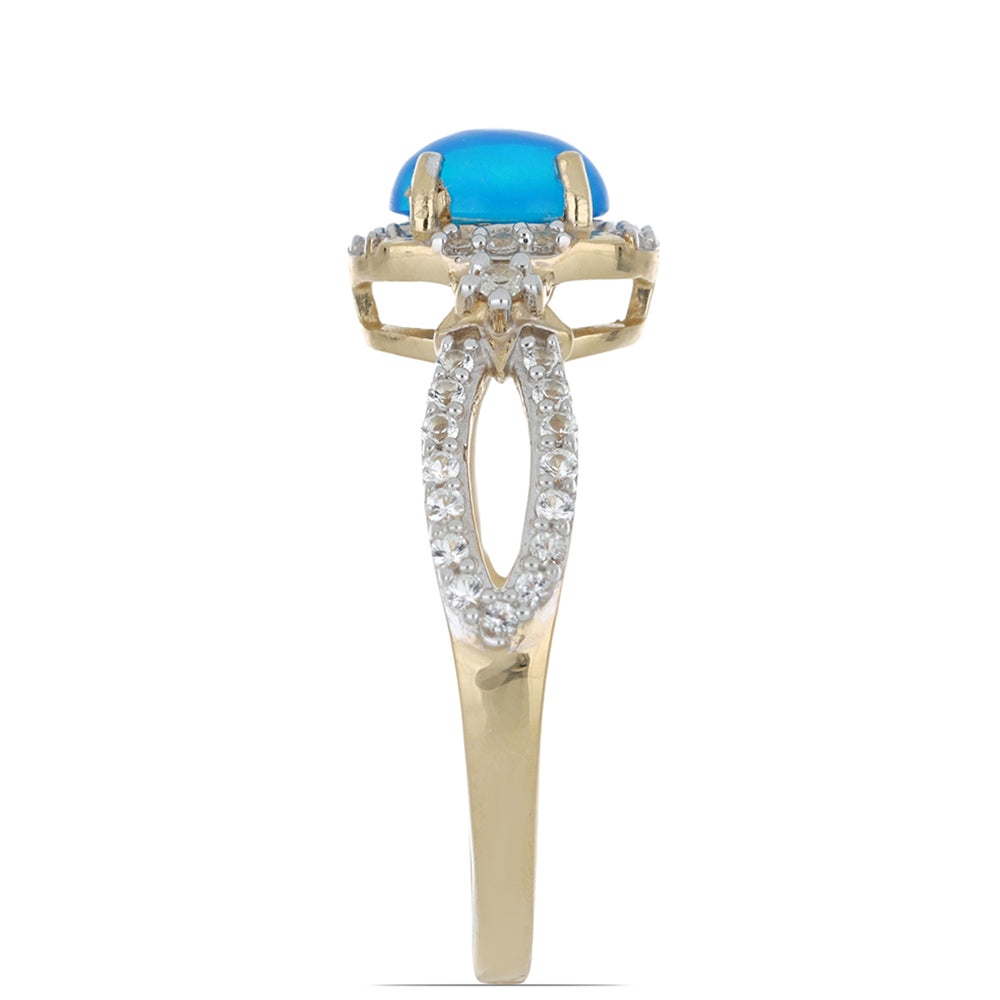 Goldplattierter Silberring mit blauem äthiopischem Opal aus Lega Dembi und weißem Topas