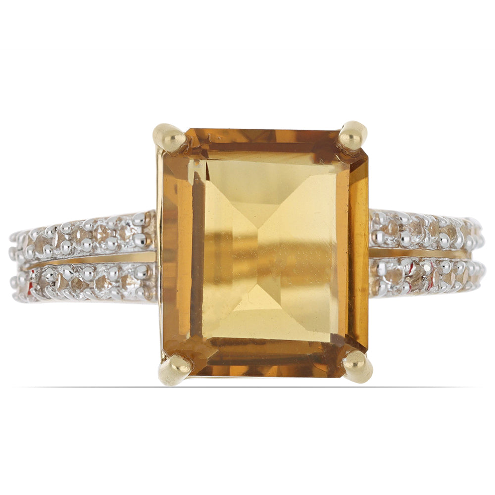 Goldplattierter Silberring mit Cognac-Quarz und weißem Topas