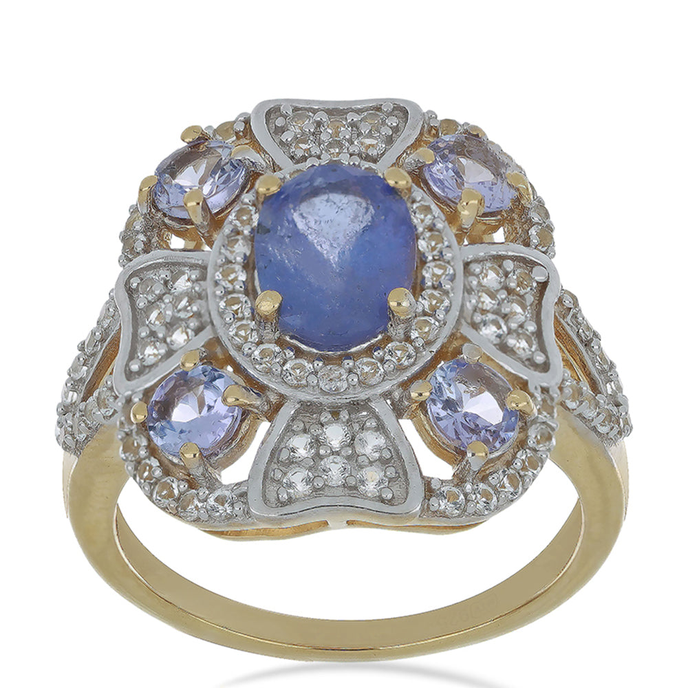 Goldplattierter Silberring mit Tansanit und weißem Topas