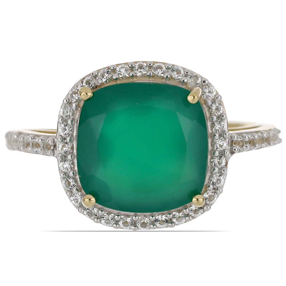 Goldplattierter Silberring mit grünem Achat aus Spruce Pine und weißem Topas