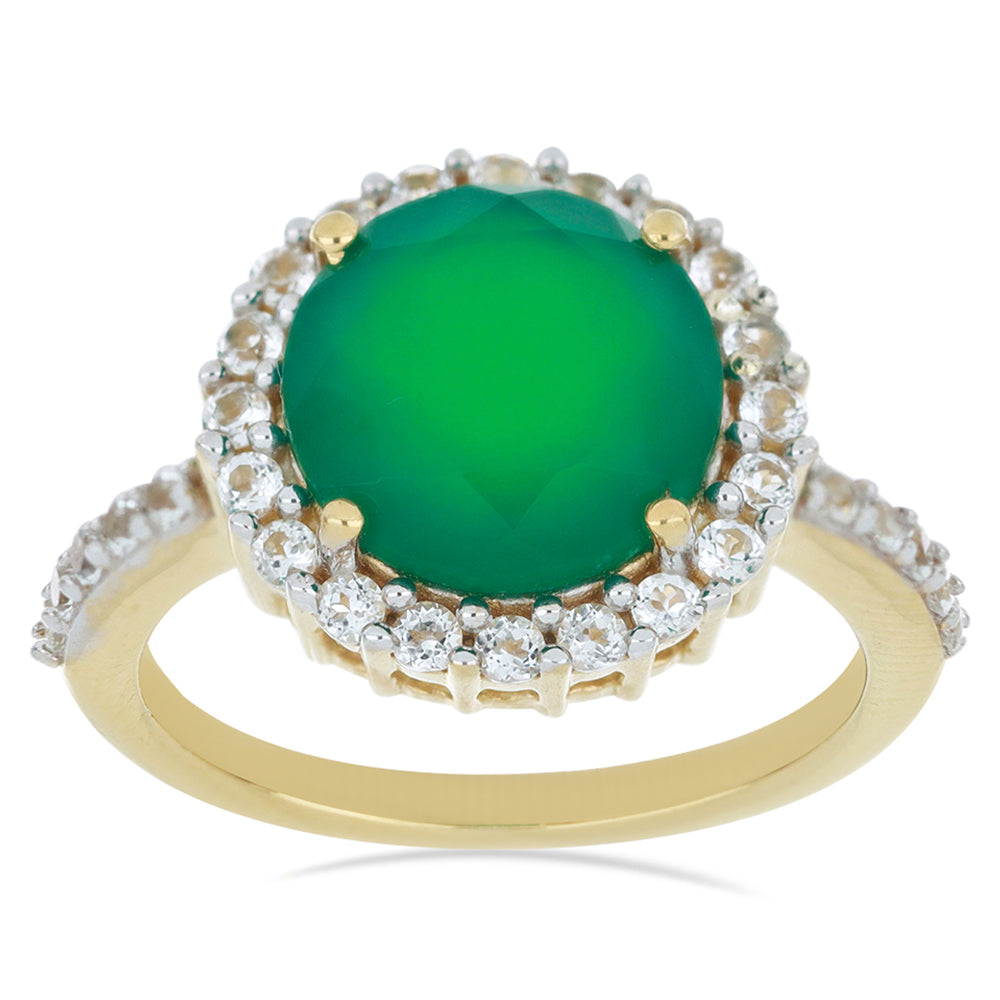 Goldplattierter Silberring mit grünem Achat aus Spruce Pine und weißem Topas 4 