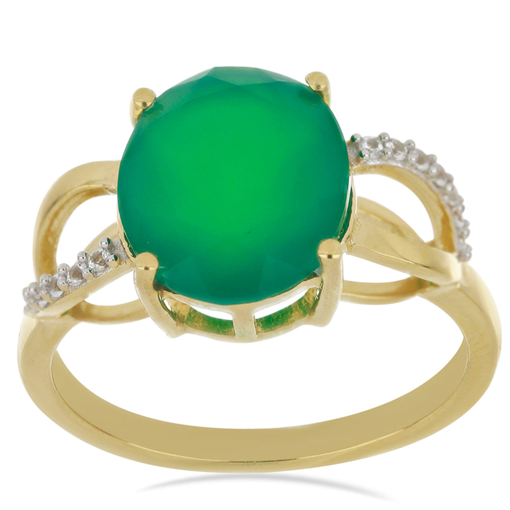 Goldplattierter Silberring mit grünem Achat aus Spruce Pine und weißem Topas