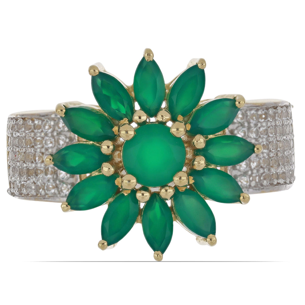 Goldplattierter Silberring mit grünem Achat aus Spruce Pine und weißem Topas