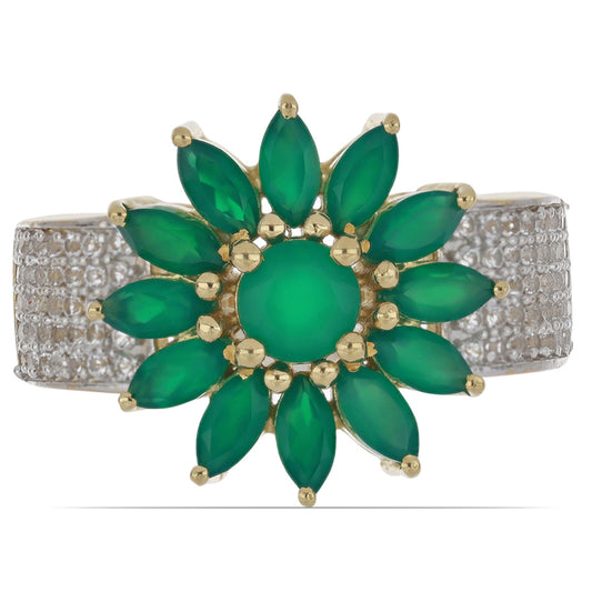 Goldplattierter Silberring mit grünem Achat aus Spruce Pine und weißem Topas