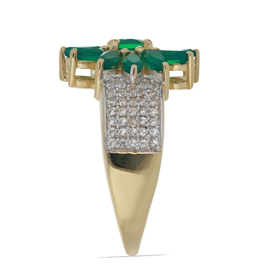 Goldplattierter Silberring mit grünem Achat aus Spruce Pine und weißem Topas