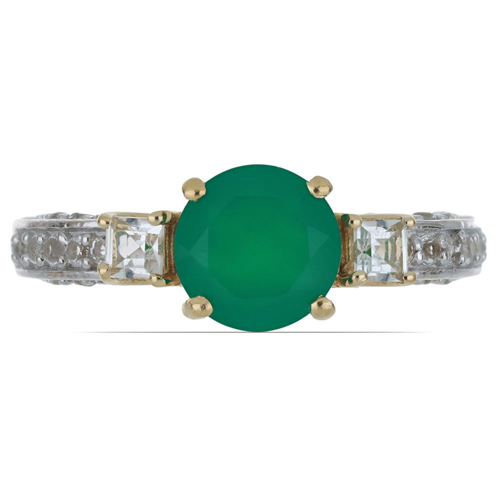 Goldplattierter Silberring mit grünem Achat aus Spruce Pine und weißem Topas