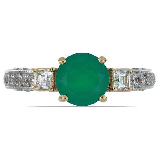 Goldplattierter Silberring mit grünem Achat aus Spruce Pine und weißem Topas