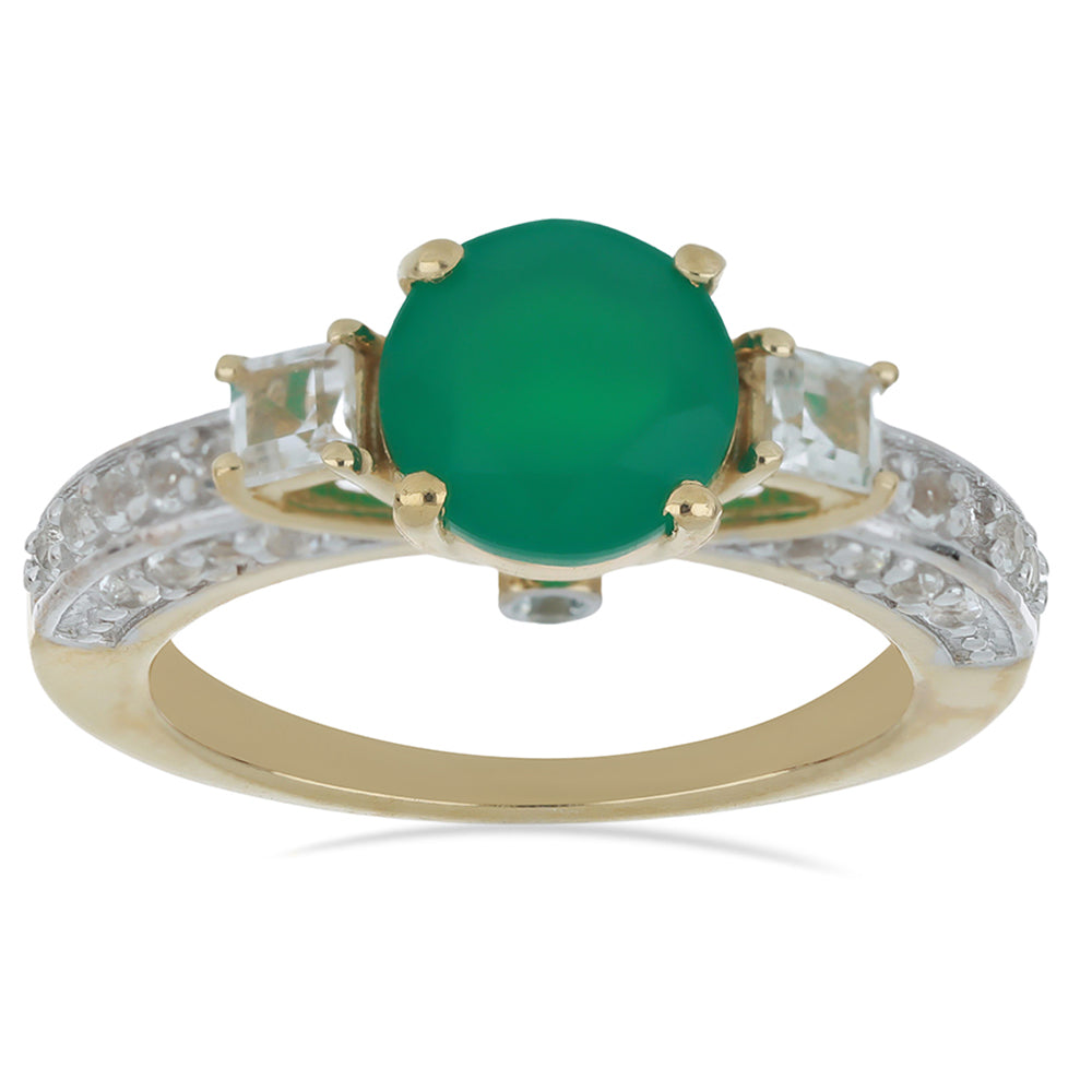 Goldplattierter Silberring mit grünem Achat aus Spruce Pine und weißem Topas