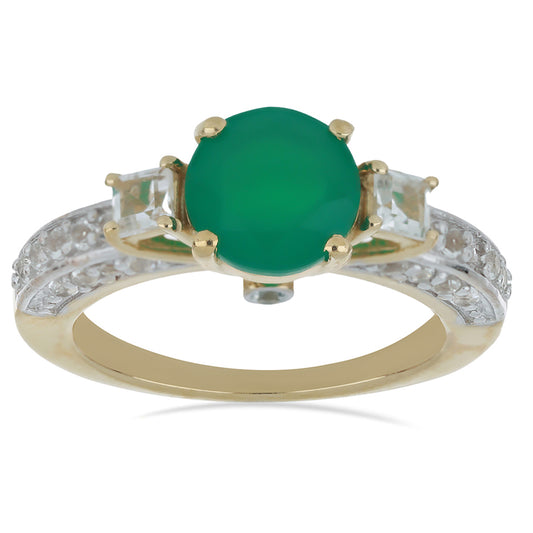 Goldplattierter Silberring mit grünem Achat aus Spruce Pine und weißem Topas