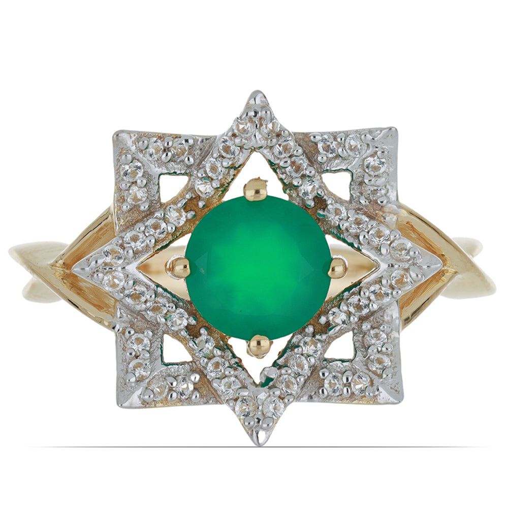 Goldplattierter Silberring mit grünem Achat aus Spruce Pine und weißem Topas 1 