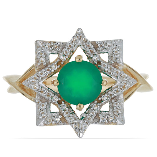 Goldplattierter Silberring mit grünem Achat aus Spruce Pine und weißem Topas