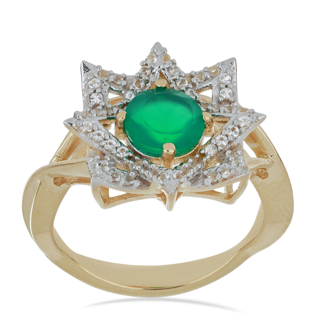 Goldplattierter Silberring mit grünem Achat aus Spruce Pine und weißem Topas