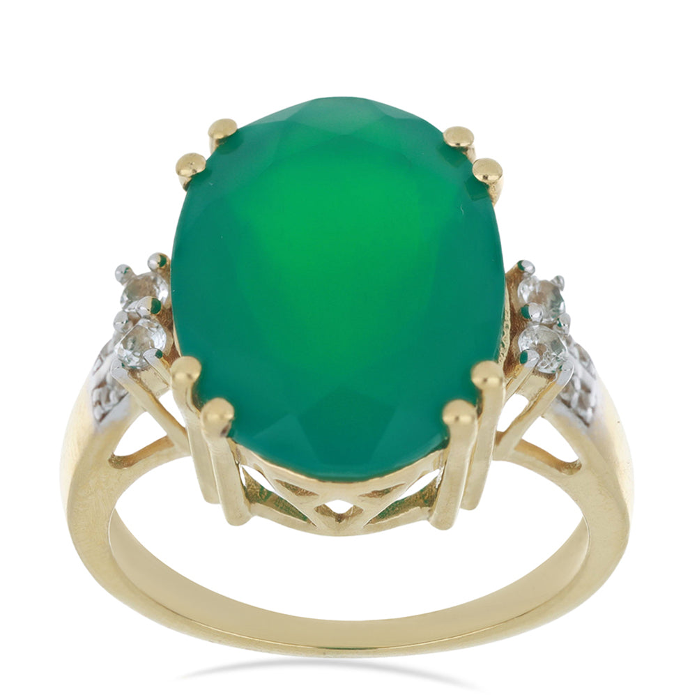 Goldplattierter Silberring mit grünem Achat aus Spruce Pine und weißem Topas 2 