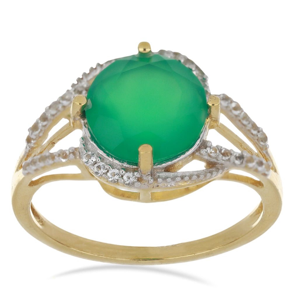 Goldplattierter Silberring mit grünem Achat aus Spruce Pine und weißem Topas 2 