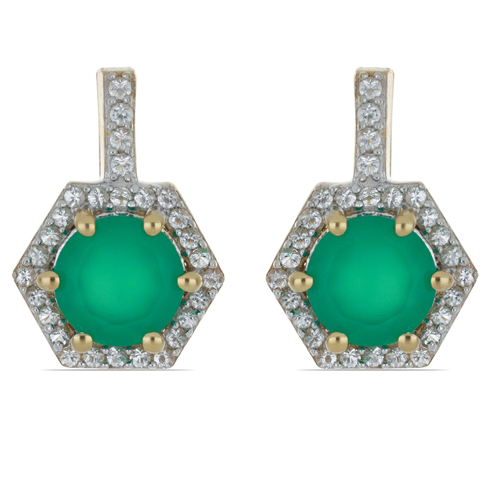 Goldplattierte Silberohrringe mit grünem Achat aus Spruce Pine und weißem Topas