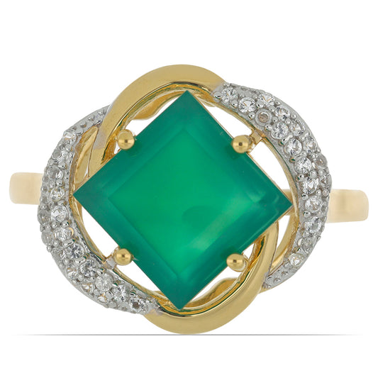 Goldplattierter Silberring mit grünem Achat aus Spruce Pine und weißem Topas