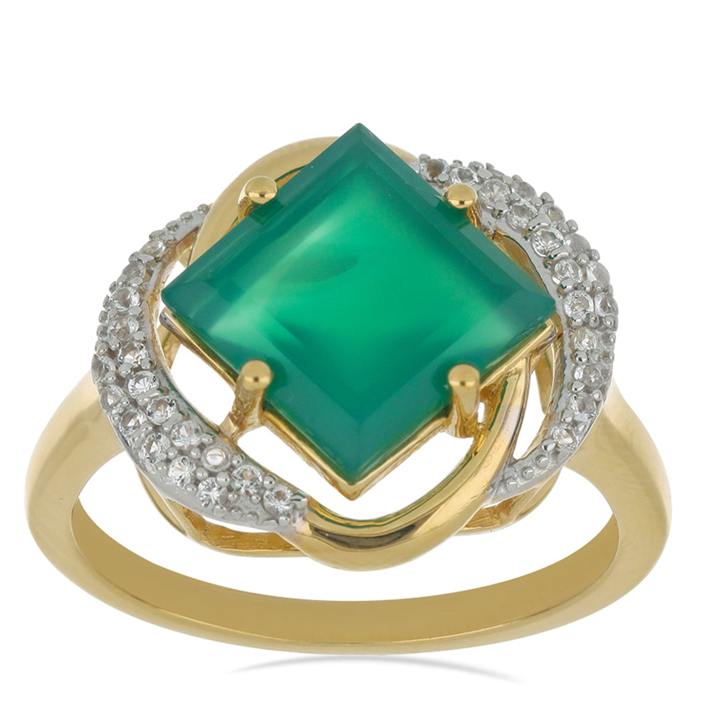 Goldplattierter Silberring mit grünem Achat aus Spruce Pine und weißem Topas 4 