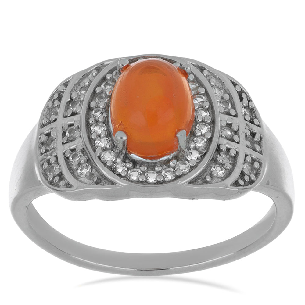 Silberring mit orangefarbenem Opal aus Lega Dembi und weißem Topas
