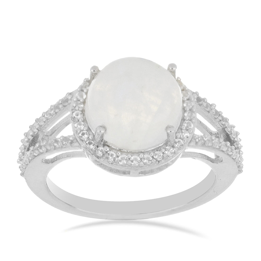 Silberring mit Regenbogenmondstein und weißem Topas