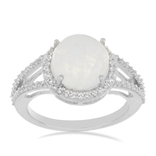 Silberring mit Regenbogenmondstein und weißem Topas