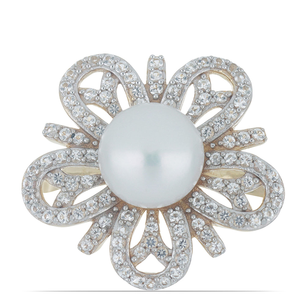 Goldplattierter Silberring mit weißer Süßwasserperle und weißem Topas