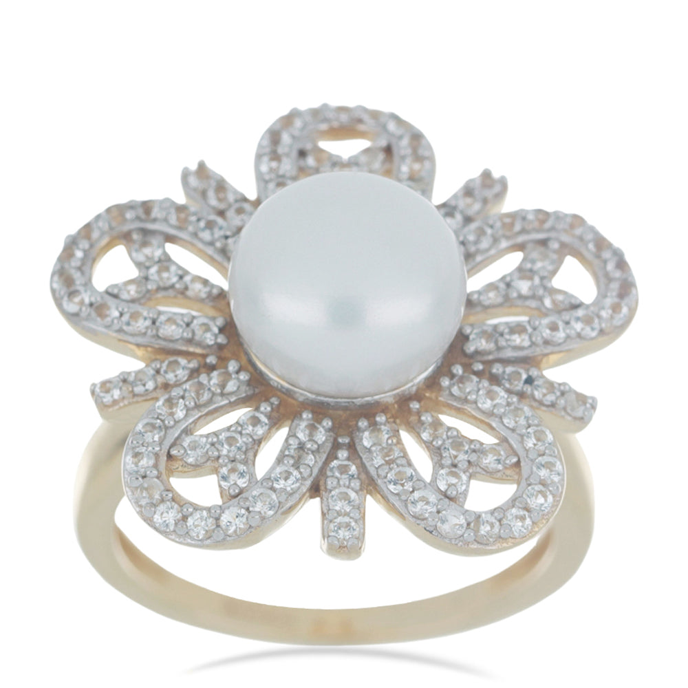 Goldplattierter Silberring mit weißer Süßwasserperle und weißem Topas