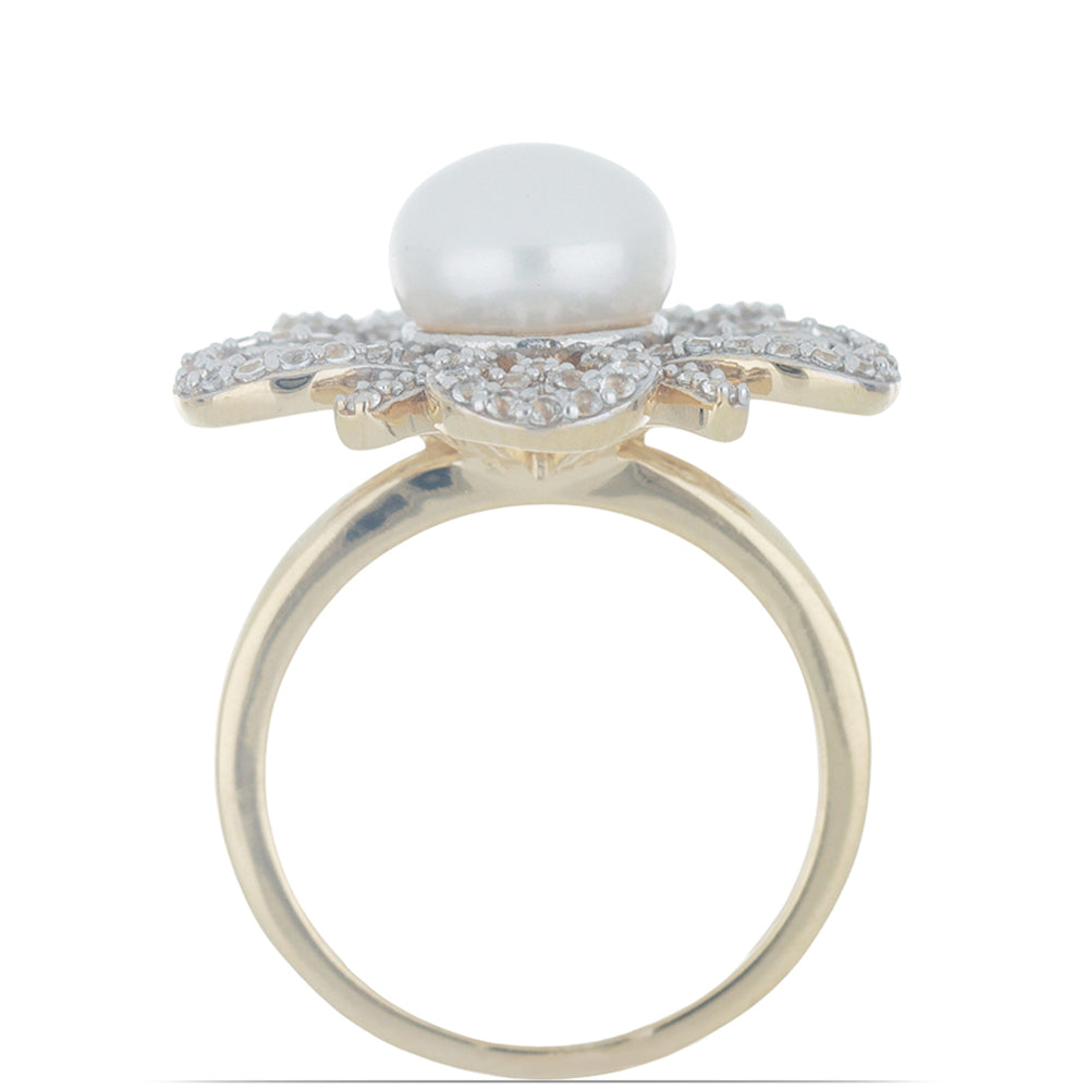 Goldplattierter Silberring mit weißer Süßwasserperle und weißem Topas