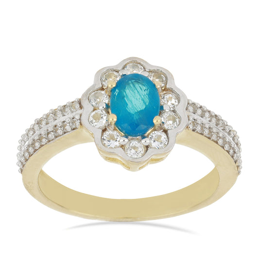 Goldplattierter Silberring mit neon Apatit aus Sludyanka und weißem Topas