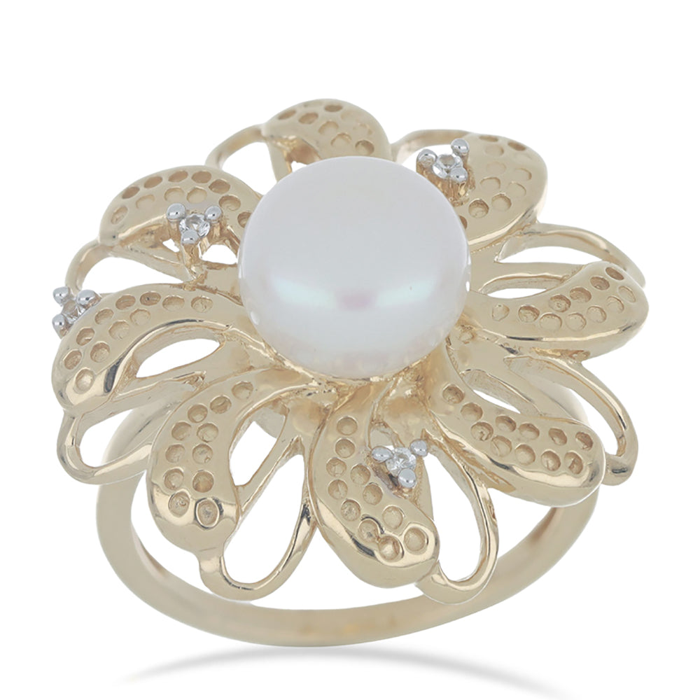 Goldplattierter Silberring mit weißer Süßwasserperle und weißem Topas