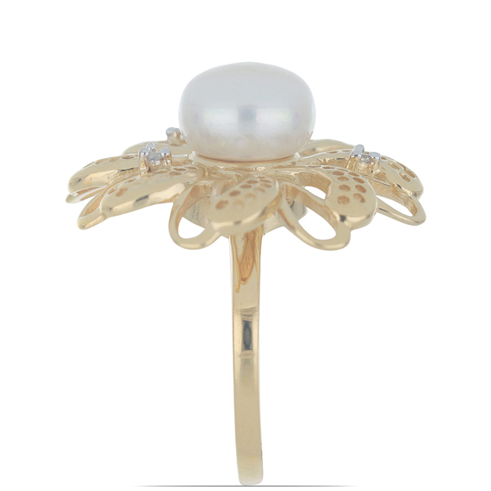 Goldplattierter Silberring mit weißer Süßwasserperle und weißem Topas 4 