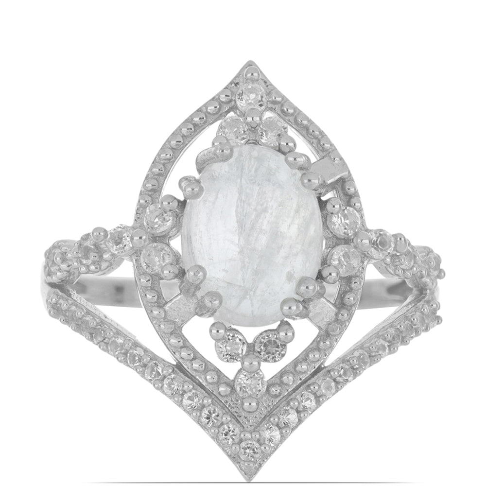 Silberring mit Regenbogenmondstein und weißem Topas