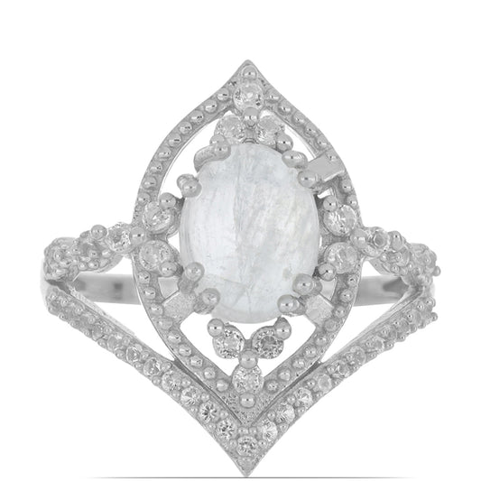 Silberring mit Regenbogenmondstein und weißem Topas