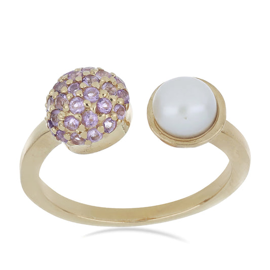Goldplattierter Silberring mit Rose De France Amethyst und weißer Süßwasserperle