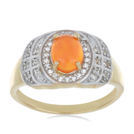 Goldplattierter Silberring mit orangefarbenem Opal aus Lega Dembi und weißem Topas