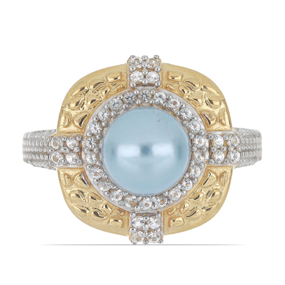 Goldplattierter Silberring mit wasserblauer Süßwasserperle und weißem Topas 1 