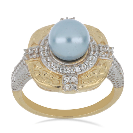 Goldplattierter Silberring mit wasserblauer Süßwasserperle und weißem Topas