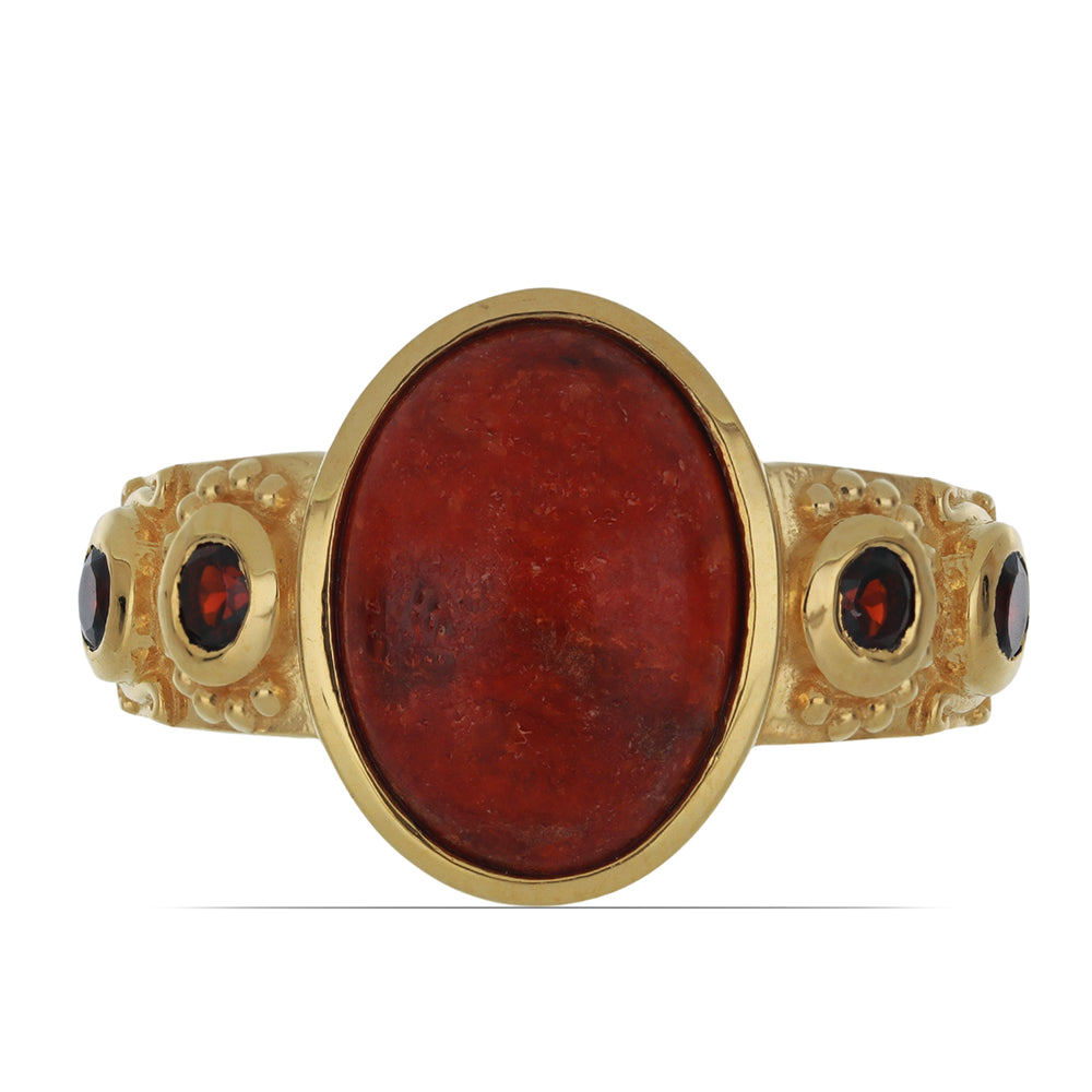 Goldplattierter Silberring mit roter Schwammkoralle und Barton Granat 1 