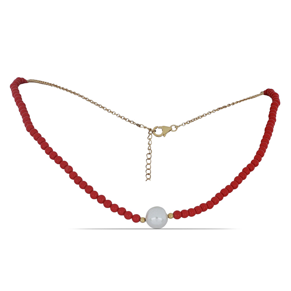 Goldplattierte Silberhalskette mit roter Schwammkoralle und weißer Süßwasserperle 1 
