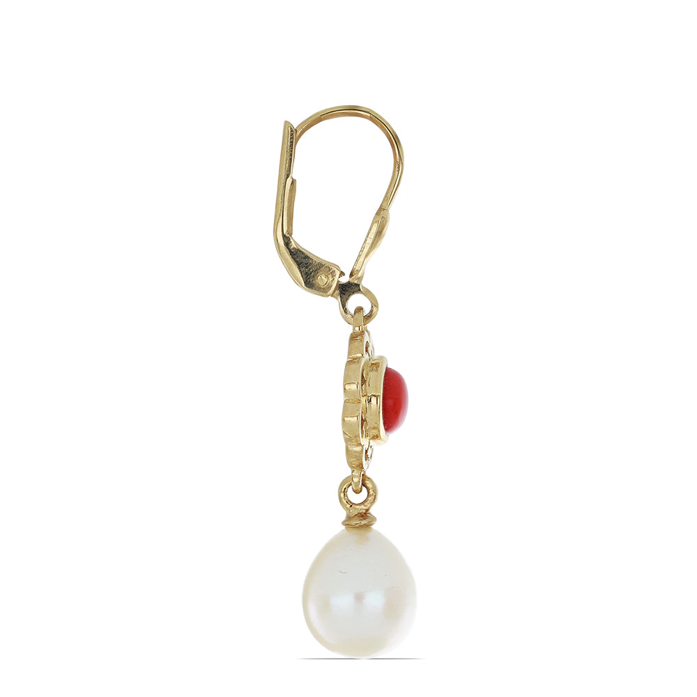 Goldplattierte Silberohrringe mit roter Schwammkoralle und weißer Süßwasserperle 2 