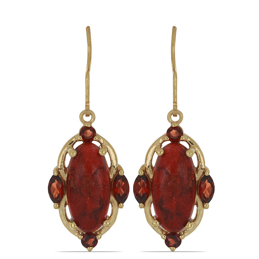 Goldplattierte Silberohrringe mit roter Schwammkoralle und Barton Granat