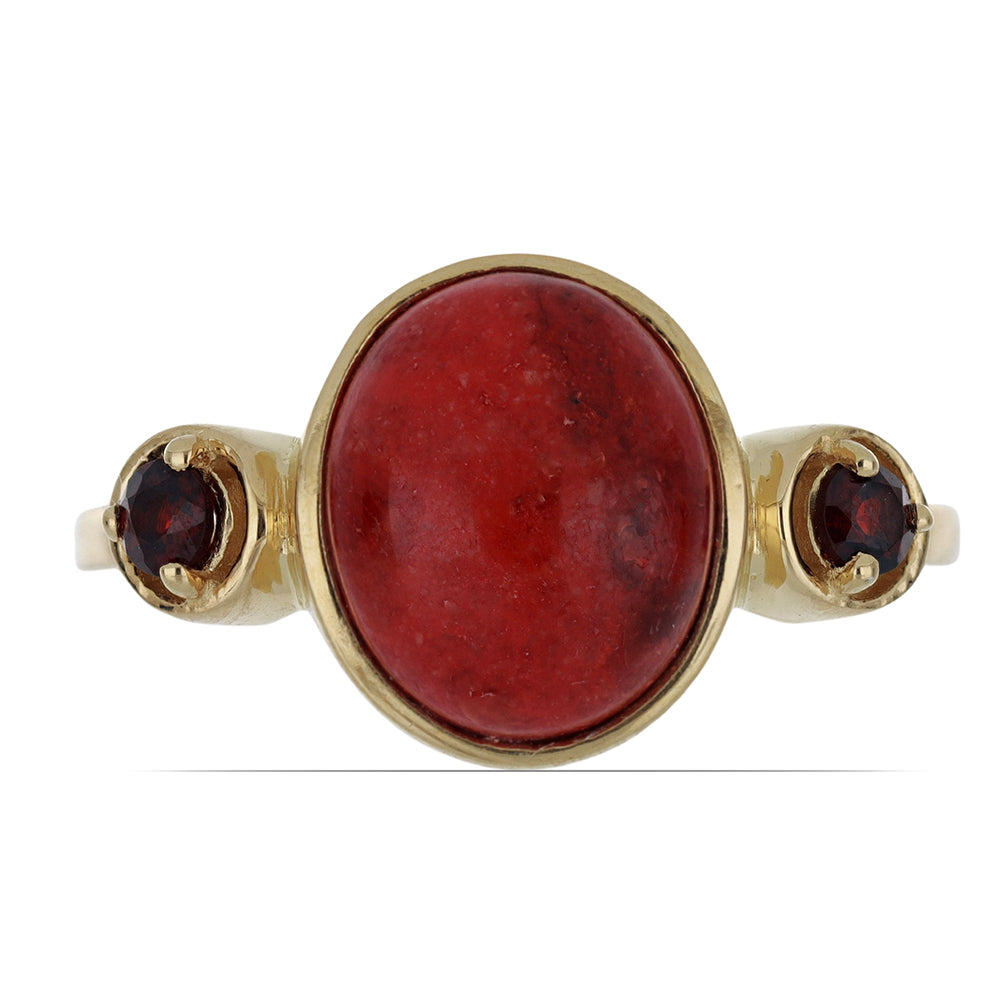 Goldplattierter Silberring mit roter Schwammkoralle und Barton Granat
