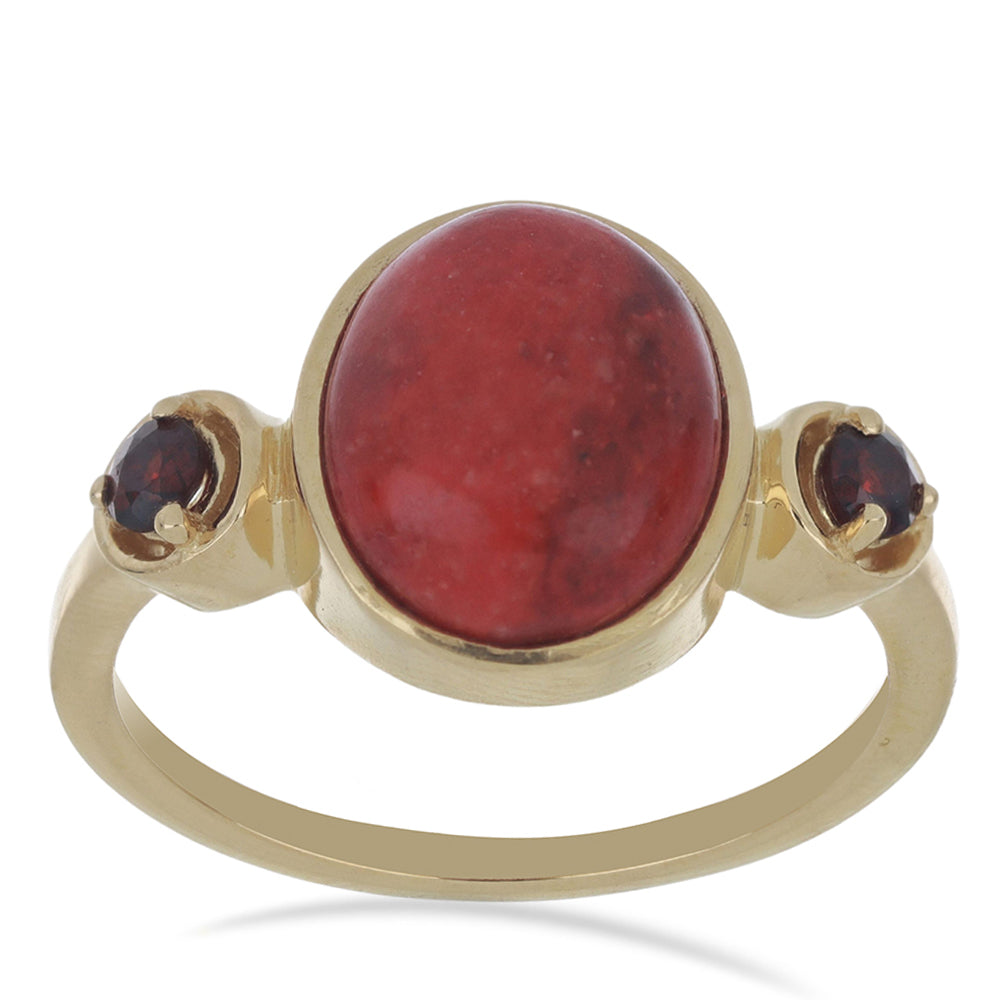 Goldplattierter Silberring mit roter Schwammkoralle und Barton Granat