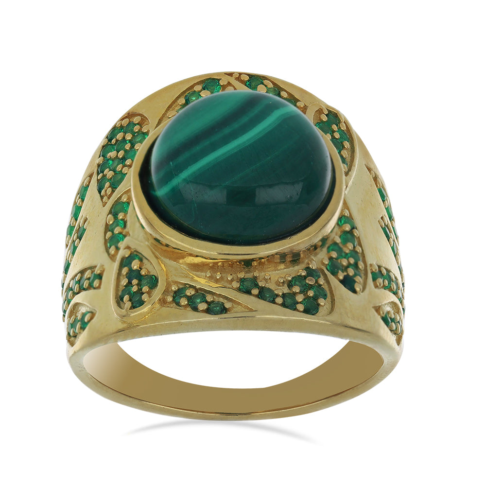 Goldplattierter Silberring mit Wales Malachit und künstlich hergestelltem Smaragd