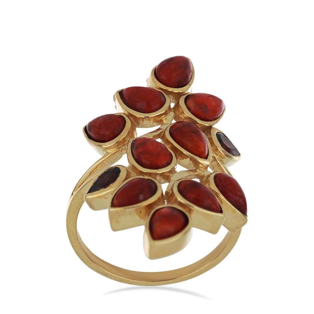 Goldplattierter Silberring mit roter Schwammkoralle und Barton Granat 2 