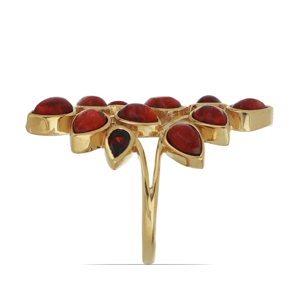 Goldplattierter Silberring mit roter Schwammkoralle und Barton Granat 4 